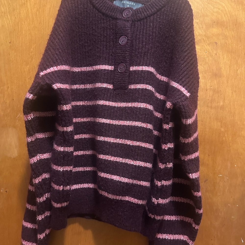 Primark Dark Purple Sweater with Pink Stripes and Button Placket